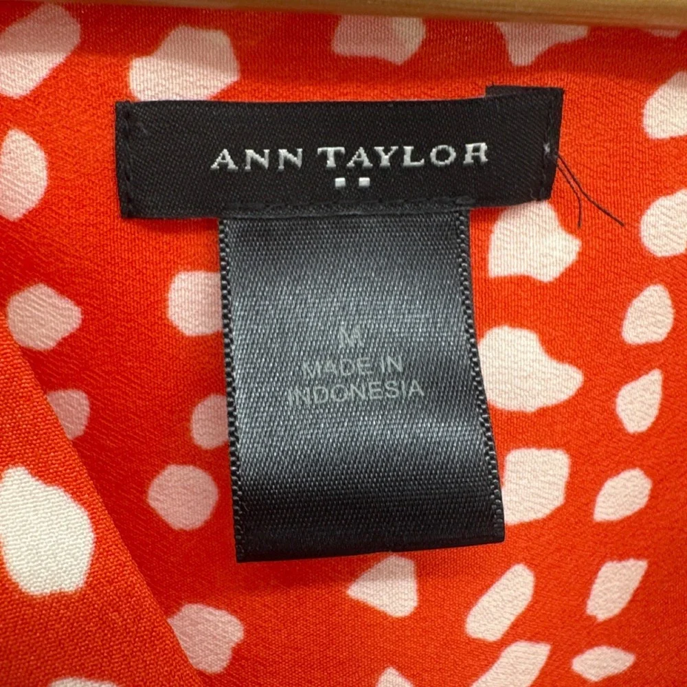 Ann Taylor Shift Womens Dress M Orange White Polka Dot Sleeveless Belted V-Neck